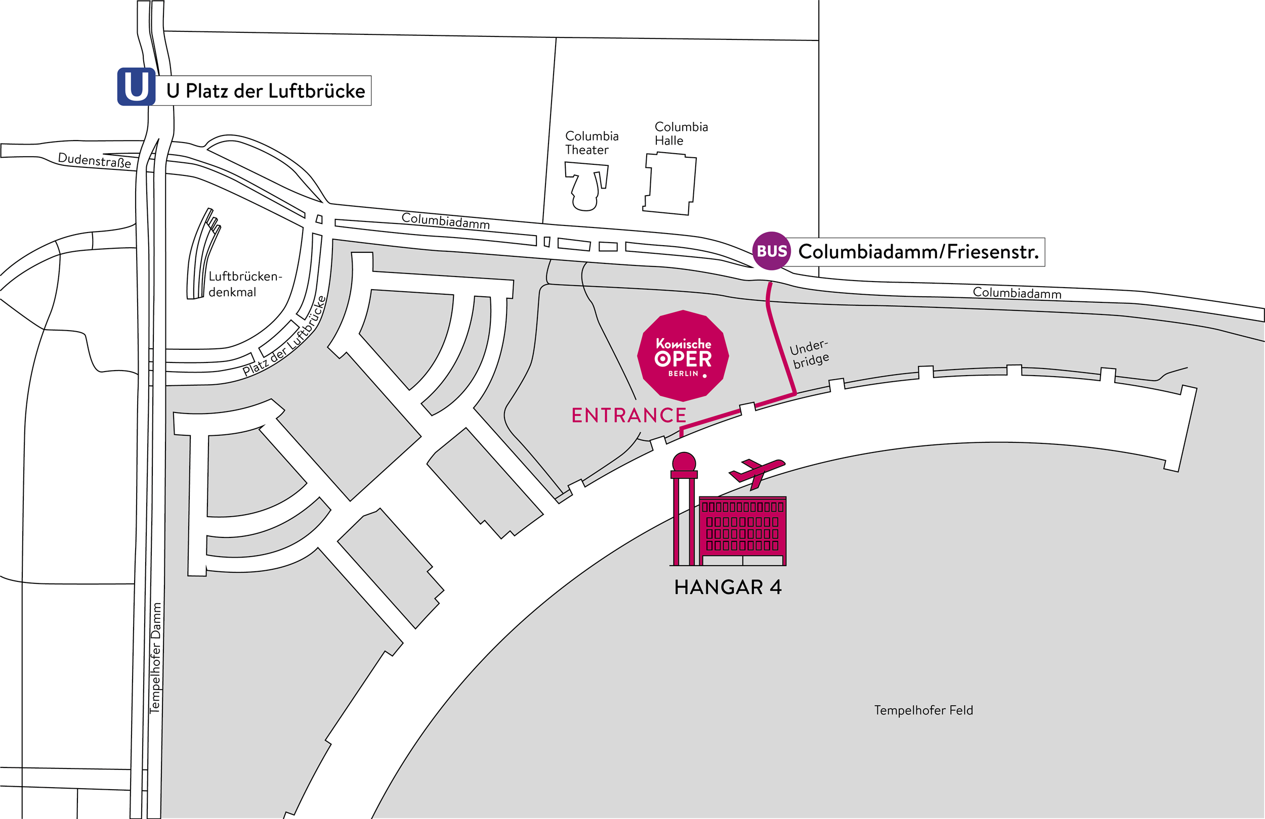 Graphic directions to the entrance of the Komische Oper Berlin in Hangar 4, opens Google Maps