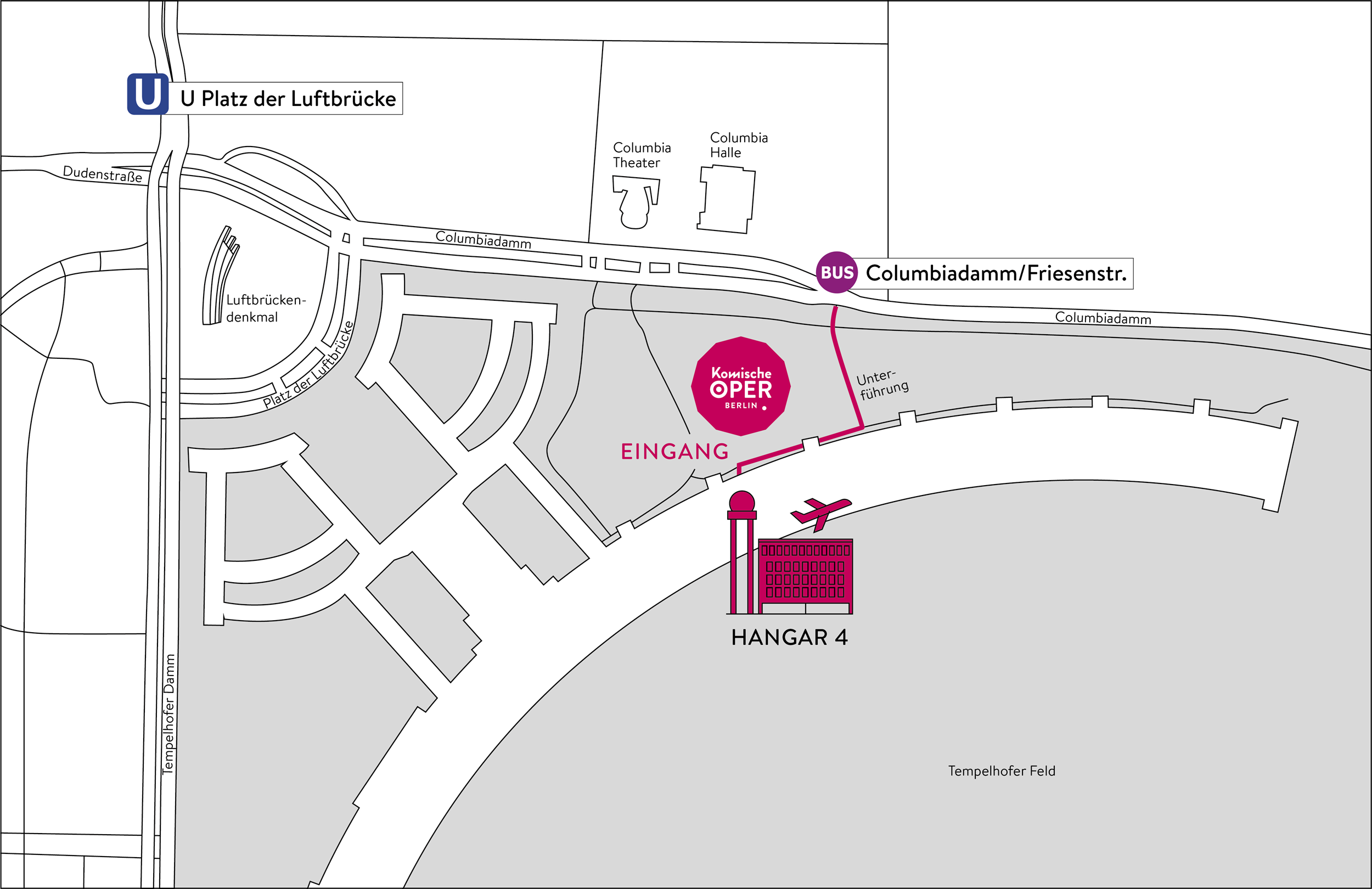 Grafische Wegbeschreibung zum Eingang der Komischen Oper Berlin im Hangar 4, öffnet Google Maps
